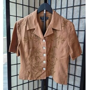 Cynthia Howie Women Linen Blend Fitted‎ Brown Button Up Blouse Short Sleeve 8